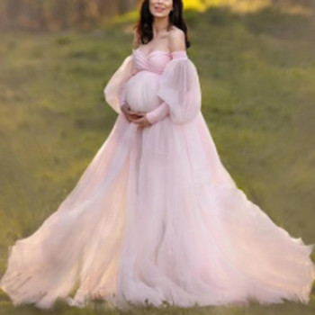 Пролет Есен Ново модно облекло Бременни жени Лято Буф ръкави с отворени рамене Slim Fit Мащабна фотографска рокля