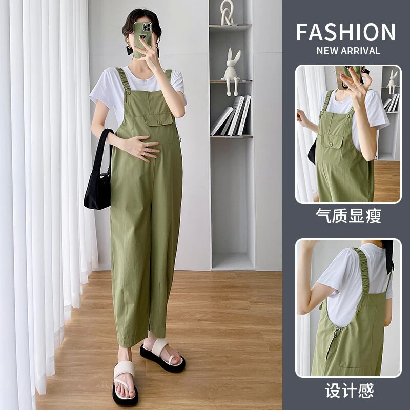 Vasariniai ploni kombinezonai nėštukėms, didelio dydžio raišteliais juosmens iki kulkšnies besitęsiančios nėščios moters kelnės su dirželiu Laisvi madingi šliaužtinukai