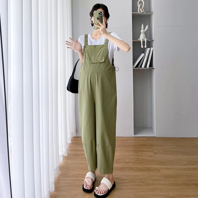 Vasariniai ploni kombinezonai nėštukėms, didelio dydžio raišteliais juosmens iki kulkšnies besitęsiančios nėščios moters kelnės su dirželiu Laisvi madingi šliaužtinukai