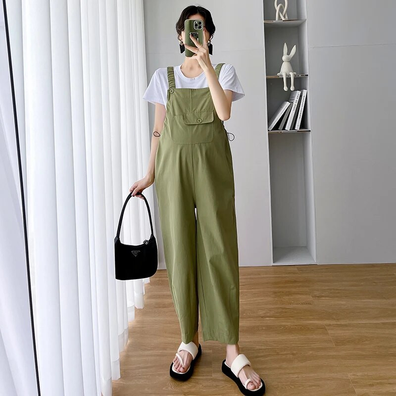 Vasariniai ploni kombinezonai nėštukėms, didelio dydžio raišteliais juosmens iki kulkšnies besitęsiančios nėščios moters kelnės su dirželiu Laisvi madingi šliaužtinukai