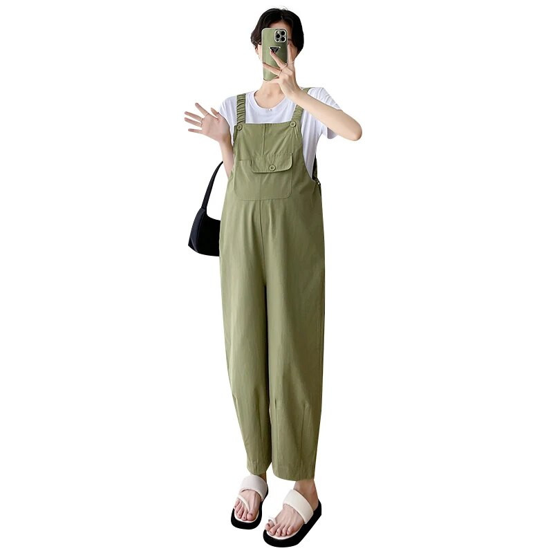 Vasariniai ploni kombinezonai nėštukėms, didelio dydžio raišteliais juosmens iki kulkšnies besitęsiančios nėščios moters kelnės su dirželiu Laisvi madingi šliaužtinukai