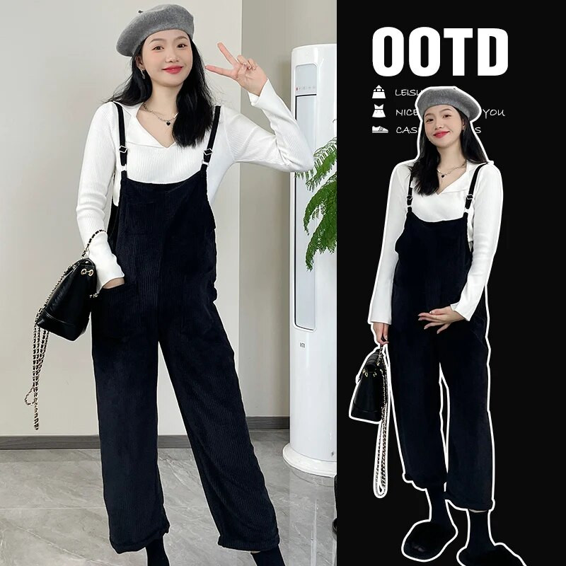 Nėščiųjų pavasario apranga Madingi dideli dirželiai kelnės juodos motinystės velveto kombinezonai Laisvi laisvalaikio nėštumų šliaužtinukai