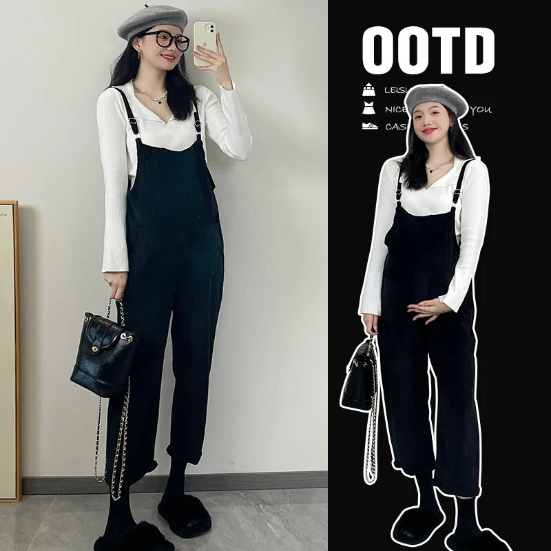 Nėščiųjų pavasario apranga Madingi dideli dirželiai kelnės juodos motinystės velveto kombinezonai Laisvi laisvalaikio nėštumų šliaužtinukai