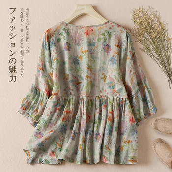 Καλοκαιρινό κορεατικό στυλ εγκυμοσύνης Βαμβακερά πουκάμισα λινό με κουμπί Fly με μισό μανίκι O-λαιμόκοψη Έγκυος γυναίκα Floral μπλούζες Ρούχα εγκυμοσύνης