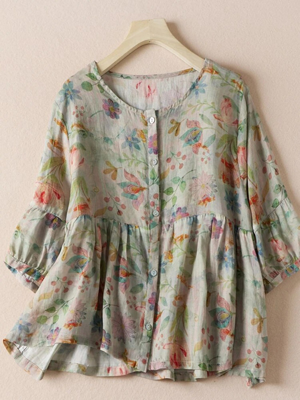 Ljetne pamučne lanene košulje za trudnice u korejskom stilu s dugmadima i polurukavima s O-izrezom Cvjetne bluze za trudnice Odjeća za trudnice