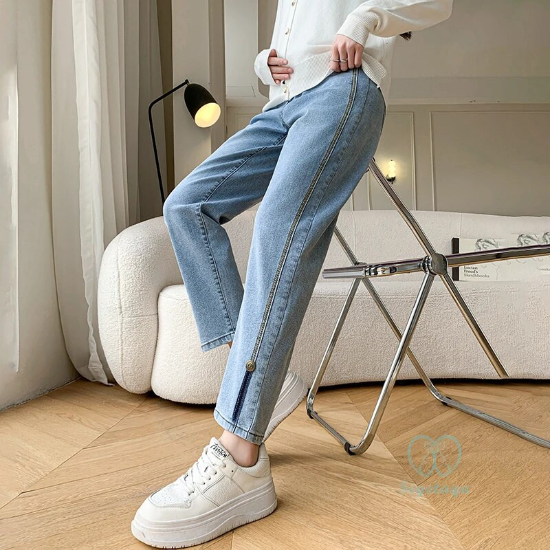 Άνοιξη 2024 Νέα άφιξη μόδας Stretch τζιν τζιν εγκυμοσύνης Φαρδιά ίσια παντελόνια κοιλιάς Ρούχα για έγκυες γυναίκες Εγκυμοσύνη