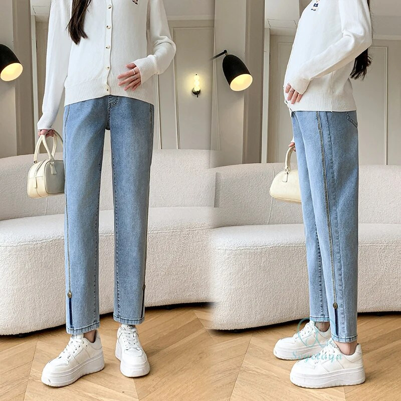 Άνοιξη 2024 Νέα άφιξη μόδας Stretch τζιν τζιν εγκυμοσύνης Φαρδιά ίσια παντελόνια κοιλιάς Ρούχα για έγκυες γυναίκες Εγκυμοσύνη