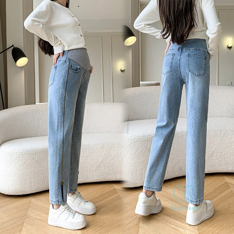 Άνοιξη 2024 Νέα άφιξη μόδας Stretch τζιν τζιν εγκυμοσύνης Φαρδιά ίσια παντελόνια κοιλιάς Ρούχα για έγκυες γυναίκες Εγκυμοσύνη