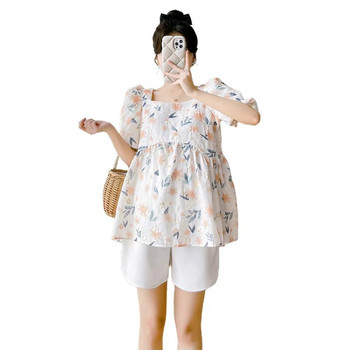 Лятна мода за бременни Флорални ризи с къс ръкав Квадратна яка Свободни дрехи за бременни жени Блузи за бременни с висока талия Топове