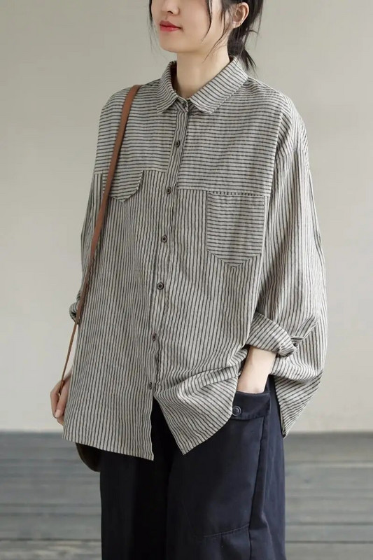 Didelio dydžio nėščios moters marškiniai, skirti pavasariui Preppy stiliaus ilgomis rankovėmis apverčiama apykakle Laisva laisvalaikio dryžuotos palaidinės nėščiosioms.