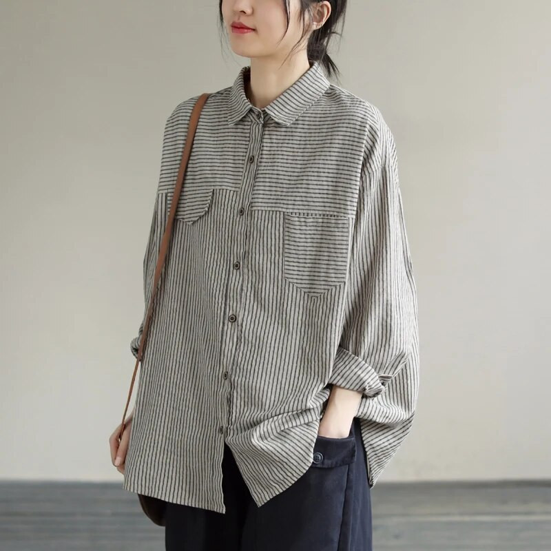 Didelio dydžio nėščios moters marškiniai, skirti pavasariui Preppy stiliaus ilgomis rankovėmis apverčiama apykakle Laisva laisvalaikio dryžuotos palaidinės nėščiosioms.