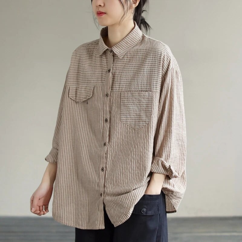 Didelio dydžio nėščios moters marškiniai, skirti pavasariui Preppy stiliaus ilgomis rankovėmis apverčiama apykakle Laisva laisvalaikio dryžuotos palaidinės nėščiosioms.