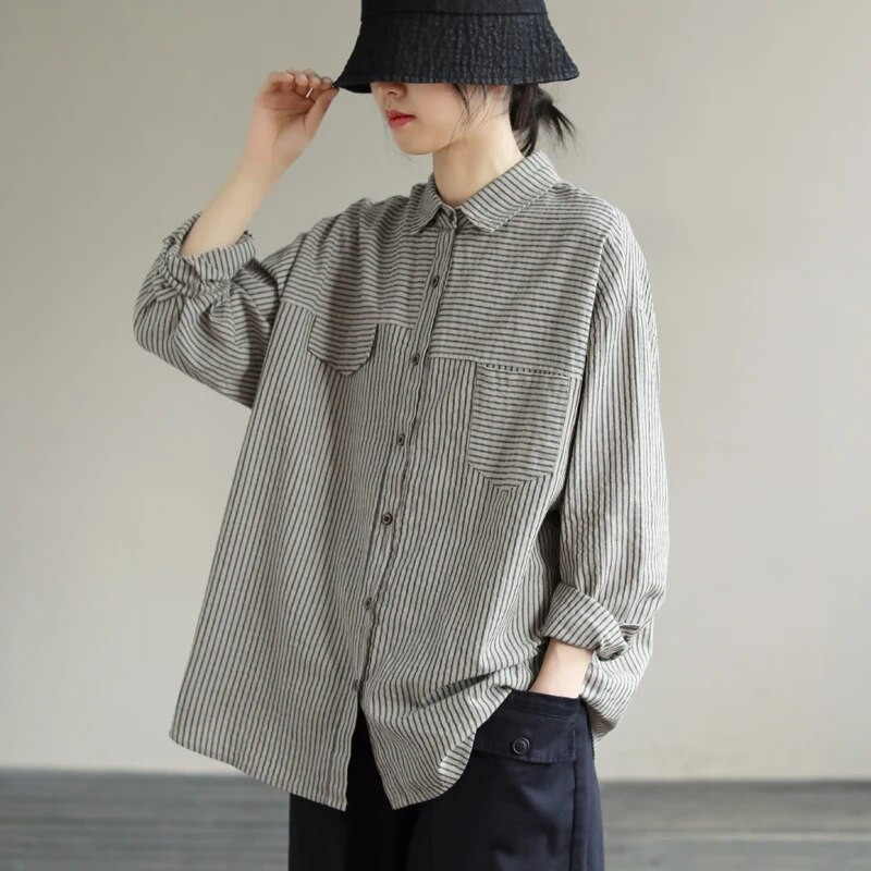 Didelio dydžio nėščios moters marškiniai, skirti pavasariui Preppy stiliaus ilgomis rankovėmis apverčiama apykakle Laisva laisvalaikio dryžuotos palaidinės nėščiosioms.