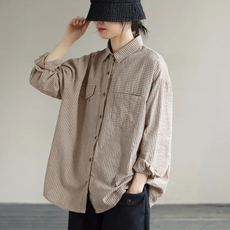 Didelio dydžio nėščios moters marškiniai, skirti pavasariui Preppy stiliaus ilgomis rankovėmis apverčiama apykakle Laisva laisvalaikio dryžuotos palaidinės nėščiosioms.