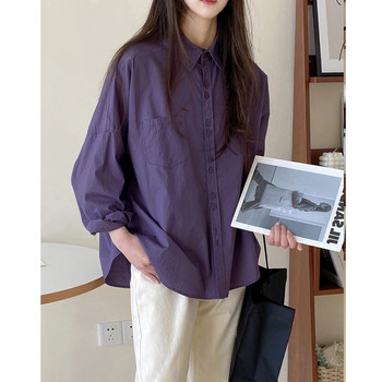 2024 Άνοιξη μητρότητας Μωβ πουκάμισα Μακρυμάνικα με γυριστό γιακά με κουμπί Fly Ακανόνιστη Μπλούζες Έγκυος Γυναίκα Λευκό Μπλούζα