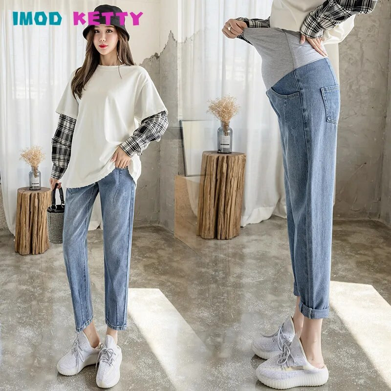 Haine pentru femei ocazional largi abdominali blugi de sarcină Îmbrăcăminte de maternitate Blugi de maternitate de toamnă pantaloni harem din denim pentru gravide