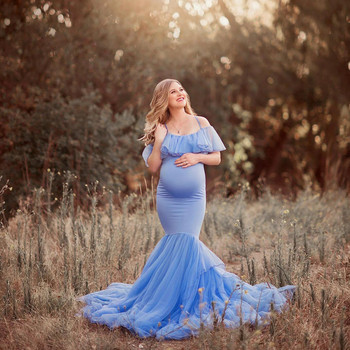 Φορέματα εγκυμοσύνης Ruffles Baby Showers για φωτογράφιση Καλοκαιρινή σιφόν Fishtail Μακρυά Φούστα Μονόχρωμη