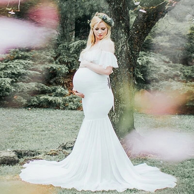 Φορέματα εγκυμοσύνης Ruffles Baby Showers για φωτογράφιση Καλοκαιρινή σιφόν Fishtail Μακρυά Φούστα Μονόχρωμη