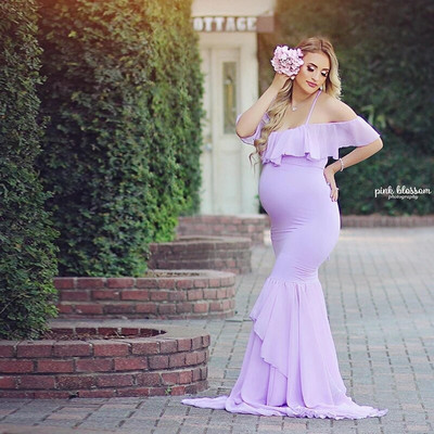 Φορέματα εγκυμοσύνης Ruffles Baby Showers για φωτογράφιση Καλοκαιρινή σιφόν Fishtail Μακρυά Φούστα Μονόχρωμη