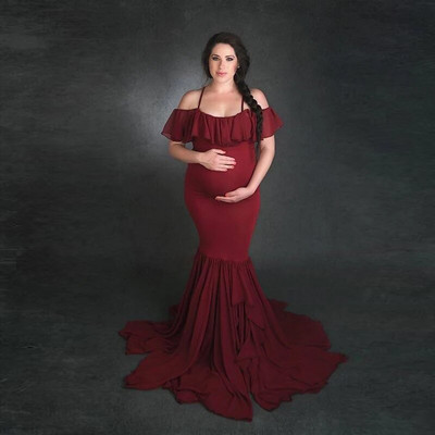 Φορέματα εγκυμοσύνης Ruffles Baby Showers για φωτογράφιση Καλοκαιρινή σιφόν Fishtail Μακρυά Φούστα Μονόχρωμη