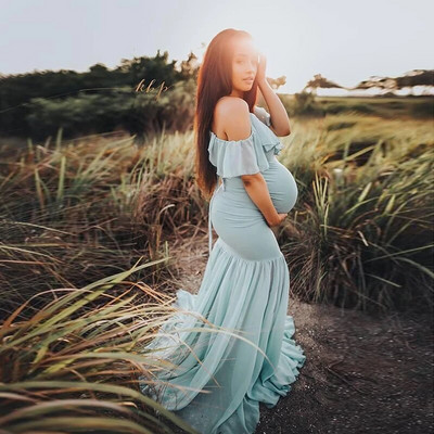 Φορέματα εγκυμοσύνης Ruffles Baby Showers για φωτογράφιση Καλοκαιρινή σιφόν Fishtail Μακρυά Φούστα Μονόχρωμη