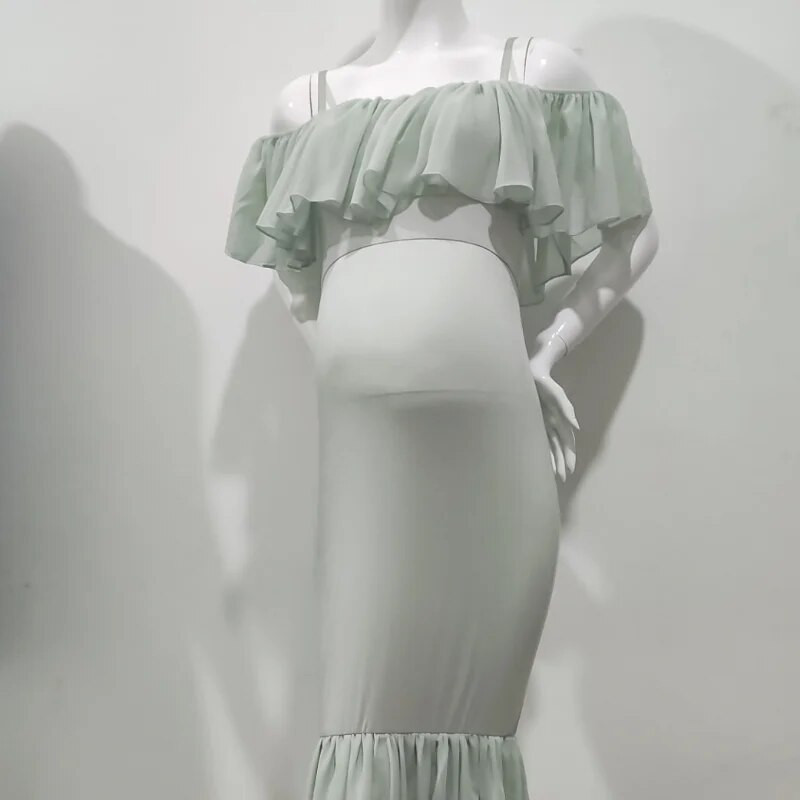 Φορέματα εγκυμοσύνης Ruffles Baby Showers για φωτογράφιση Καλοκαιρινή σιφόν Fishtail Μακρυά Φούστα Μονόχρωμη