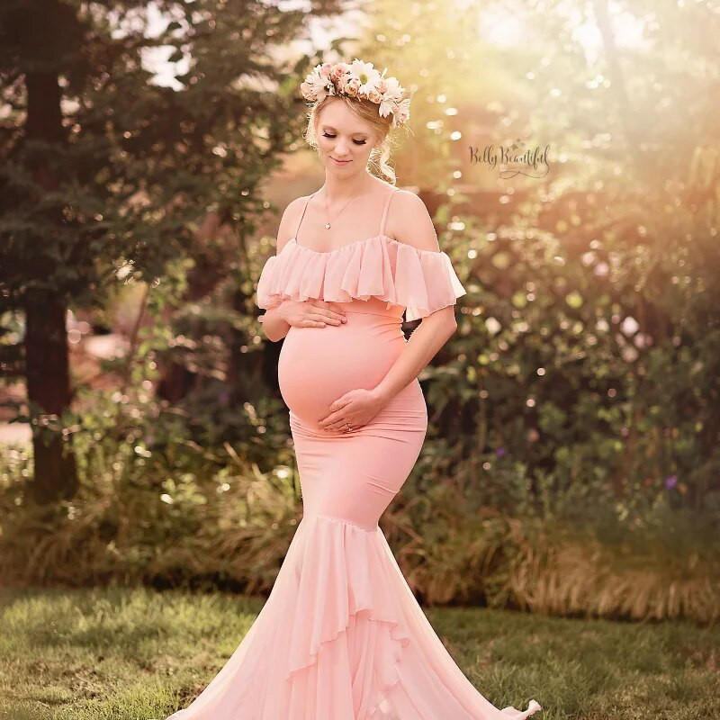 Φορέματα εγκυμοσύνης Ruffles Baby Showers για φωτογράφιση Καλοκαιρινή σιφόν Fishtail Μακρυά Φούστα Μονόχρωμη