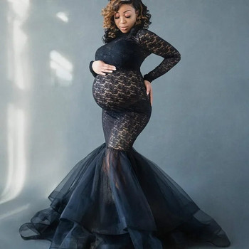 Снаждаща се рокля за бременни за фотосесия Рокля за бременни жени с дълъг ръкав, черна дантела и висока яка