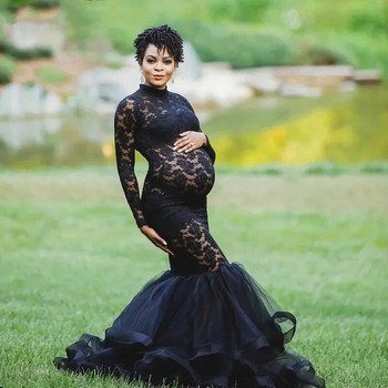 Splicing φόρεμα εγκυμοσύνης για φωτογραφική λήψη έγκυων γυναικών Φόρεμα εγκυμοσύνης με μακρυμάνικο μαύρο δαντέλα με ζιβάγκο