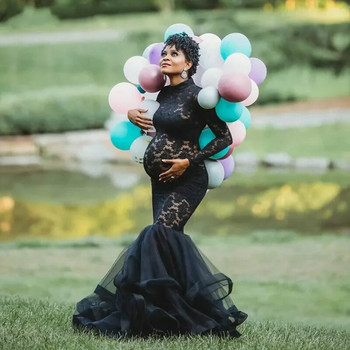 Splicing φόρεμα εγκυμοσύνης για φωτογραφική λήψη έγκυων γυναικών Φόρεμα εγκυμοσύνης με μακρυμάνικο μαύρο δαντέλα με ζιβάγκο