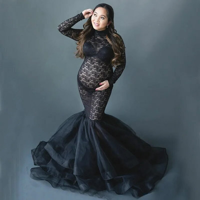 Összefűző kismama ruha fotózáshoz terhes nők hosszú ujjú fekete csipke garbós fotózás ruhák Terhességi ruha