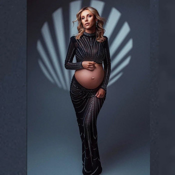 Strechy Crystal Photo Shoot Φορέματα εγκυμοσύνης Σετ στρας σέξι ομφαλό εκτεθειμένο στολή φωτογραφίας εγκυμοσύνης Cut Out Γυναικείο φόρεμα