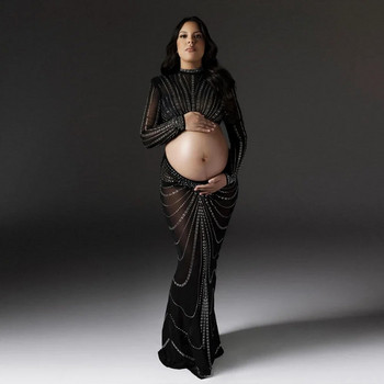 Разтеглив кристален комплект рокли за фотосесия за бременни с кристали Секси облекло за бременни снимки с открит пъп Изрязана дамска рокля