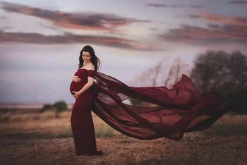 Σέξι φορέματα εγκυμοσύνης από σιφόν χωρίς ώμους Φωτογραφικό στήριγμα για μακρύ φανταχτερό φόρεμα εγκυμοσύνης Φωτογραφική λήψη για γυναίκες Έγκυες μάξι φόρεμα