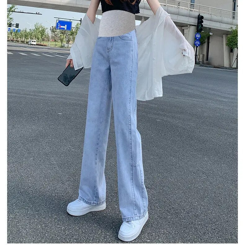 Plačios kojos į šoną suskaldytas džinsas nėščiosioms visiškai ilgi džinsai medvilniniai pilvo laisvi kelnės Drabužiai nėščioms moterims Nėštumo kelnės
