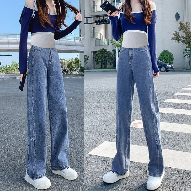 Plačios kojos į šoną suskaldytas džinsas nėščiosioms visiškai ilgi džinsai medvilniniai pilvo laisvi kelnės Drabužiai nėščioms moterims Nėštumo kelnės