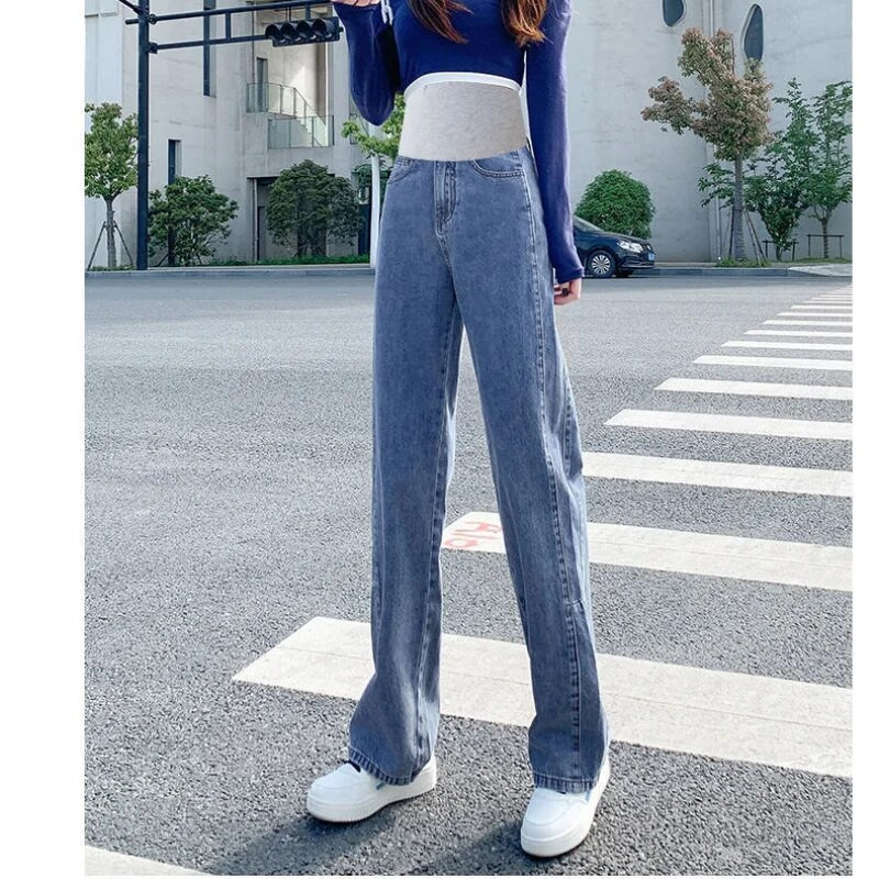 Plačios kojos į šoną suskaldytas džinsas nėščiosioms visiškai ilgi džinsai medvilniniai pilvo laisvi kelnės Drabužiai nėščioms moterims Nėštumo kelnės