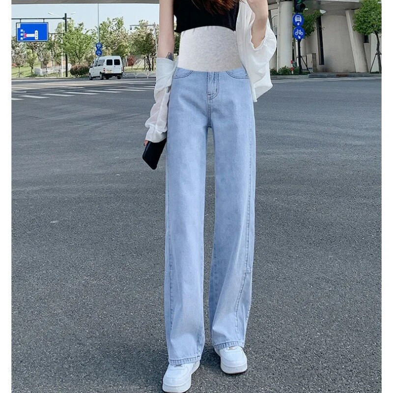 Plačios kojos į šoną suskaldytas džinsas nėščiosioms visiškai ilgi džinsai medvilniniai pilvo laisvi kelnės Drabužiai nėščioms moterims Nėštumo kelnės