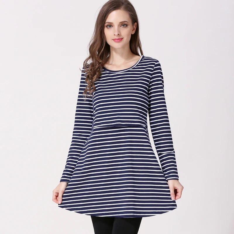 Medvilniniai spyruokliniai ilgi nėščiųjų rūbai žindymui skirti krūtimi nėščioms moterims skirti marškinėliai.