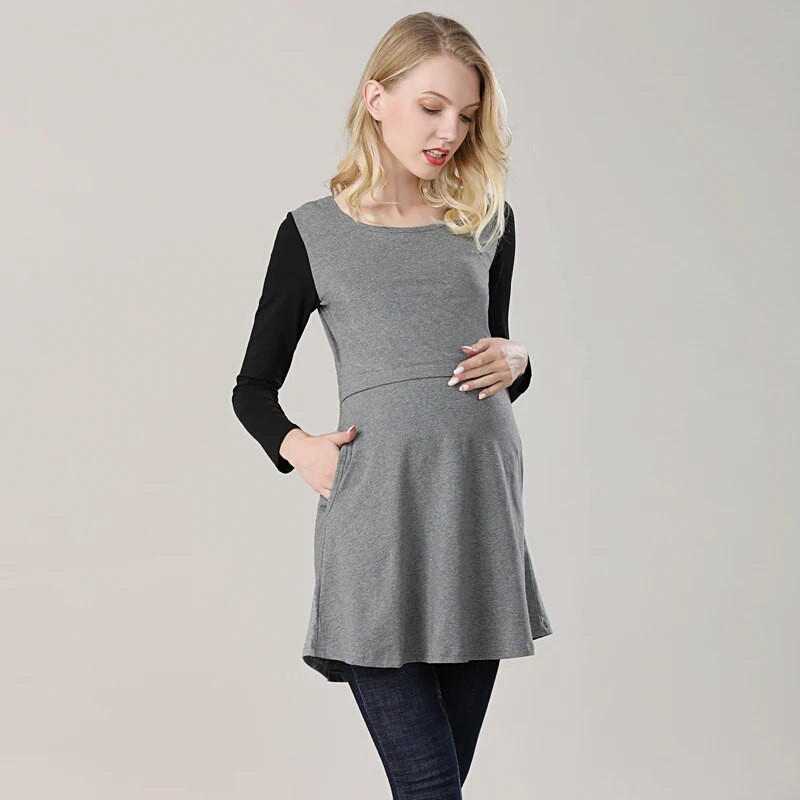 Medvilniniai spyruokliniai ilgi nėščiųjų rūbai žindymui skirti krūtimi nėščioms moterims skirti marškinėliai.