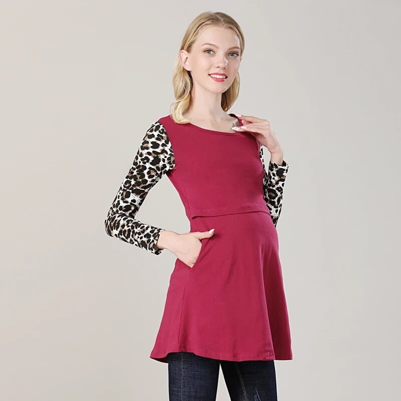 Medvilniniai spyruokliniai ilgi nėščiųjų rūbai žindymui skirti krūtimi nėščioms moterims skirti marškinėliai.