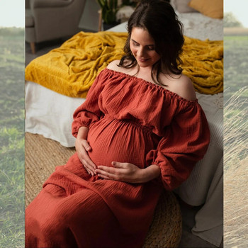 Бохемска рокля за фотосесия за бременни Комфортна ленена памучна рокля с едно рамо за бременни жени Бохо рокля в стил Baby Shower