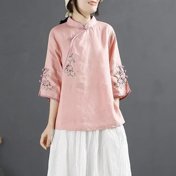 2023 Νέο ρετρό βαμβακερό πουκάμισο κάνναβης για έγκυες γυναίκες Άνοιξη/Καλοκαίρι Κινέζικο όρθιο μπλουζάκι με κέντημα τσαγιού μπλούζα εγκυμοσύνης LF088