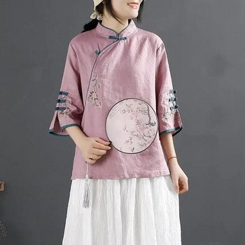 2023 Νέο ρετρό βαμβακερό πουκάμισο κάνναβης για έγκυες γυναίκες Άνοιξη/Καλοκαίρι Κινέζικο όρθιο μπλουζάκι με κέντημα τσαγιού μπλούζα εγκυμοσύνης LF088
