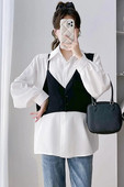Stil coreean Maternitate Faux Două Piese Cămăși Bloc de Culoare Patchwork Mânecă Lungă Guler Rabat Bluze Elegante Femeie Insarcinata
