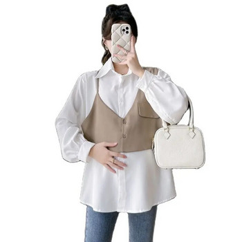Изкуствени ризи за бременни в корейски стил от две части, елегантни блузи за бременни жени, пачуърк с дълги ръкави и дълги ръкави