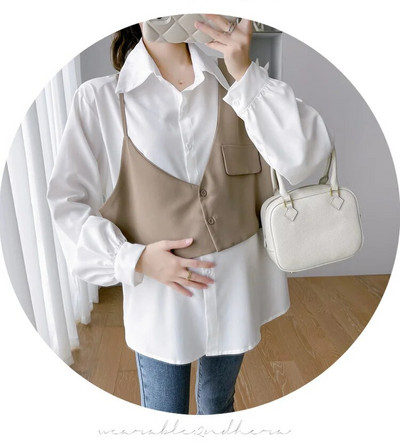 Stil coreean Maternitate Faux Două Piese Cămăși Bloc de Culoare Patchwork Mânecă Lungă Guler Rabat Bluze Elegante Femeie Insarcinata