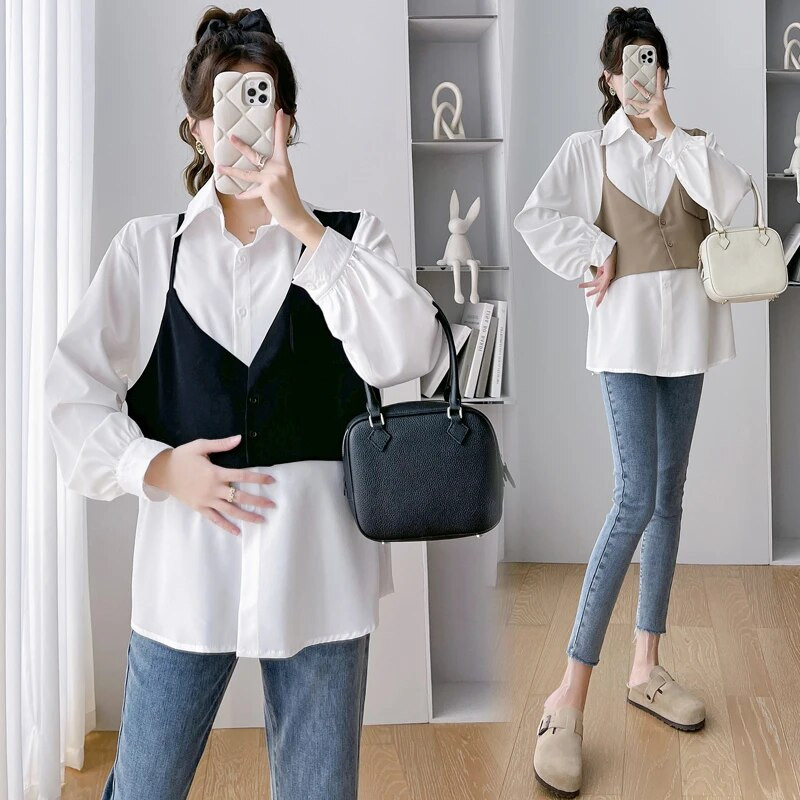 Korėjietiško stiliaus dirbtiniai motinystės dviejų dalių marškiniai Blokinės spalvos, perdarytos ilgomis rankovėmis, atverčiamomis apykakle Elegantiškos nėščios moters palaidinės