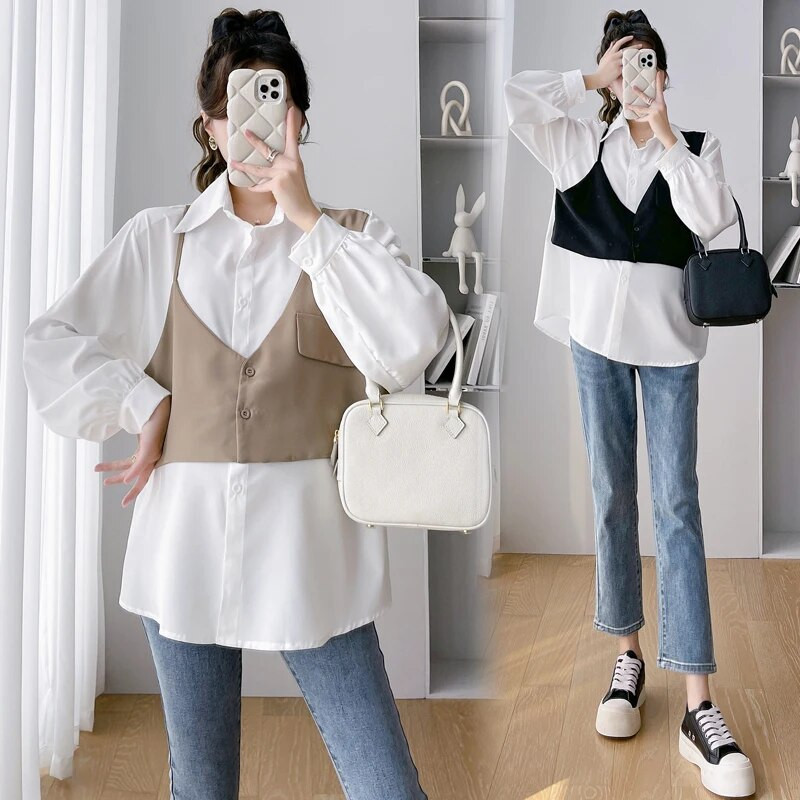 Korėjietiško stiliaus dirbtiniai motinystės dviejų dalių marškiniai Blokinės spalvos, perdarytos ilgomis rankovėmis, atverčiamomis apykakle Elegantiškos nėščios moters palaidinės