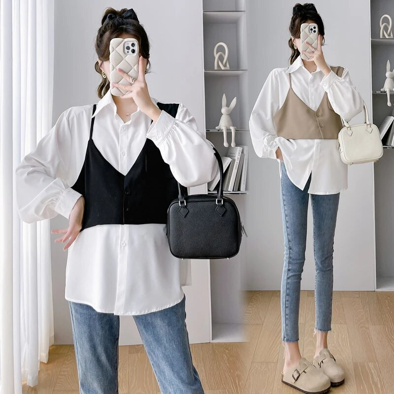 Korėjietiško stiliaus dirbtiniai motinystės dviejų dalių marškiniai Blokinės spalvos, perdarytos ilgomis rankovėmis, atverčiamomis apykakle Elegantiškos nėščios moters palaidinės